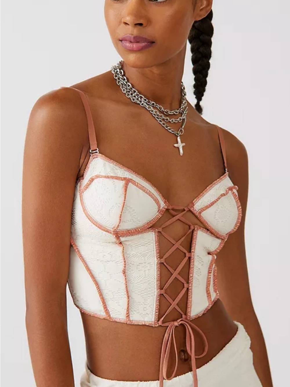 Urban Outfitters Ivory Lace Corset Bralette with Blush Trim